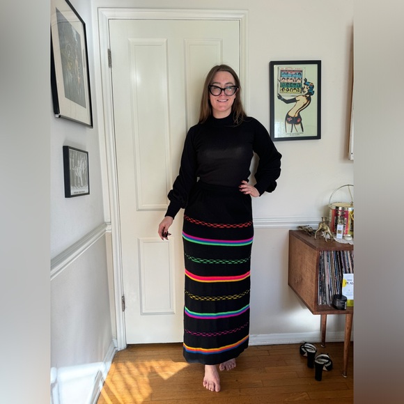 Vintage Dresses & Skirts - 70s Vintage Banff Knit Black and Neon Striped Maxi Skirt